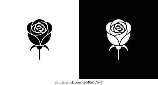 Illustrative image featuring a rose silhouette, displayed in both black on white and white on black. The design is minimal and suitable for various graphic uses.