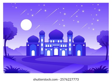 Illustrative image of an Islamic themed landscape background with a mosque as an object, under a purple night sky and stars and meteors decorating it.