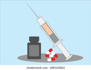 Una imagen ilustrativa que muestra una aguja, una botella con una vacuna y pastillas sobre un fondo azul. Una medicina para combatir la pandemia del cóvido. Una inyección para la protección.
