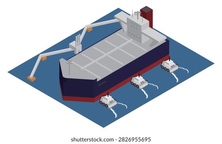 An illustrative image of a tugboat moving an isometric crude oil tanker toward a sea berth.