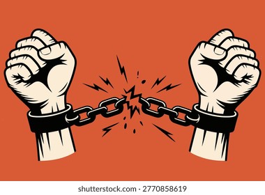 Illustrative imagery of two robust hands, bound by chains, actively breaking free with explosive energy against an orange backdrop.