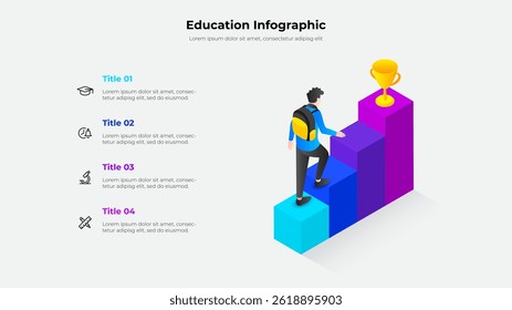 Infográfico ilustrativo mostrando a progressão de um aluno em direção ao sucesso, apresentado como passos ascendentes terminando em um troféu. Ideal para conceitos relacionados a processos de educação, realização e metas