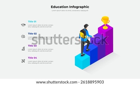 Illustrative infographic showcasing a student's progression towards success, presented as ascending steps ending at a trophy. Ideal for concepts relating to education, achievement, and goal processes