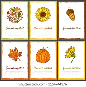 Illustrative invitation card collection with autumn theme. Pumpkin, sun flower, maple leaf, acorn. Fall vector set with grunge frame. 