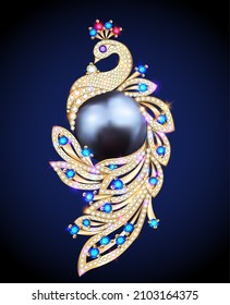 Illustrative jewelry brooch peacock made of gold with precious stones. 