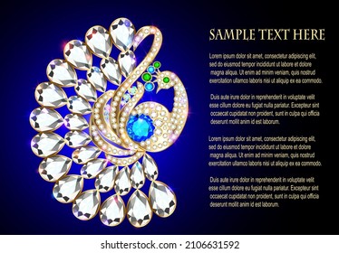 Illustrative jewelry brooch peacock made of gold with precious stones.