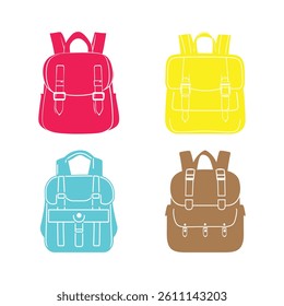 Illustrative layout showcases vibrant backpacks in red, yellow, blue, and brown with detailed straps and pockets against a clean white background.
