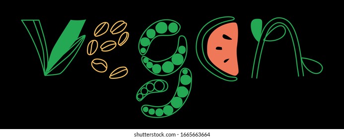 Illustrative lettering includes the letters from plants, oat cereals, peas, watermelon and purslane icons. Hand drawn vector stock illustration isolated on black background. Vegan concept.