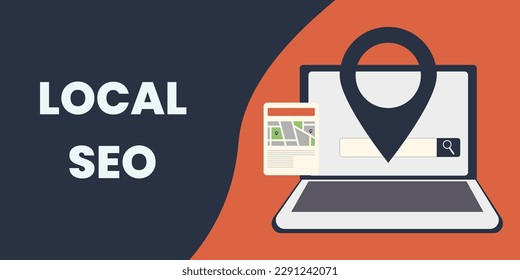 An Illustrative Local SEO banner showcasing a laptop with a search string on screen, accompanied by a location icon and a map illustration