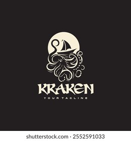 Illustrative logo design showcasing a kraken beneath a sailboat under a full moon. Ideal for nautical, ocean-themed businesses or creative branding elements with a mythical touch.