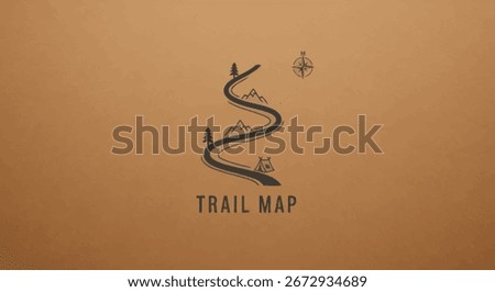 An illustrative logo featuring a winding trail with icons of mountains, trees, and a campsite. A compass rose and the text Trail Map complete this adventure themed design.