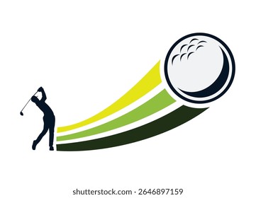 Illustrative logo-style image portraying a golfer, vibrant trajectory lines, and a golf ball. The visual represents motion, sportsmanship, and the dynamic spirit of golf in a simplistic design.