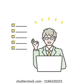 Illustrative material of businessmen who will be happy to complete the task. vector.