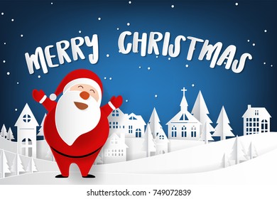 illustrative	
Merry Christmas lettering with Santa Claus on night sky with snow drop on the village. Concept for Merry Christmas and New Year card in paper art and craft style, Vector 