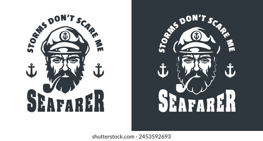 Illustrative monochrome emblems of a bearded sea captain wearing a sailor hat, surrounded by a nautical banner with the words sea life inscribed for maritime designs.