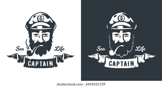 Illustrative monochrome emblems of a bearded sea captain wearing a sailor hat, surrounded by a nautical banner with the words sea life inscribed for maritime designs.