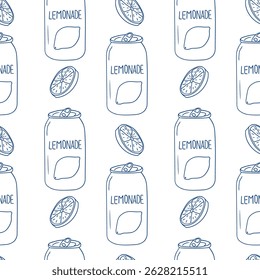 Illustrative pattern featuring cans of lemonade and lime slices on a white background