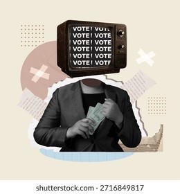 Una pieza ilustrativa que muestra la conexión entre la votación y los medios, con una mano que sostiene dinero en efectivo frente a una pantalla de televisión vintage que insta a los votantes.