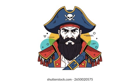 Illustrative portrait of a fierce bearded pirate captain wearing a classic tricorne hat and ornate coat with colorful abstract shapes in the background