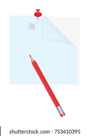 Illustrative post for note - with curved angle - red pusher and pencil - isolated on white background - vector image