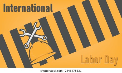 Illustrative poster design for May 1 International Labor Day with an orange theme and construction helmets and work equipment