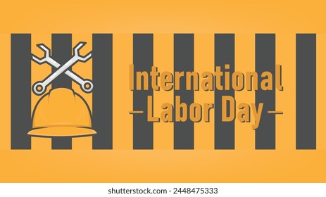 Illustrative poster design for May 1 International Labor Day with an orange theme and construction helmets and work equipment