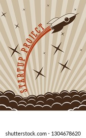 Illustrative poster in vintage style. Rocket soars up