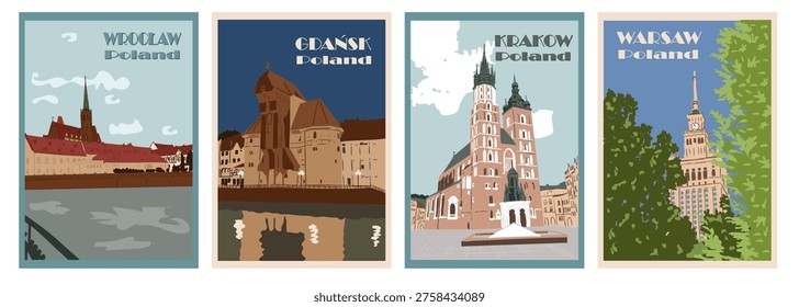Illustrative posters showcase famous landmarks from Wroclaw, Gdansk, Krakow, and Warsaw, Poland, highlighting unique architectural styles and vibrant colors