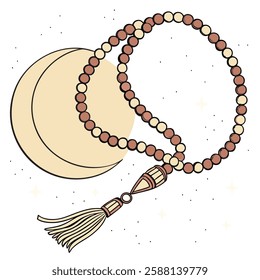 Illustrative prayer beads with a crescent moon create a calming and spiritual mood Perfect for religious events and cultural designs.