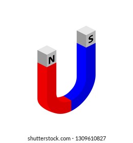 Illustrative red and blue horseshoe magnet, isolated on white background. Isometric.