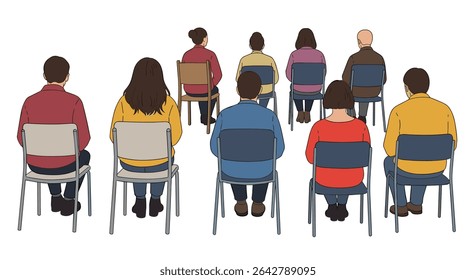 Illustrative Render Depicting a Gathering of People Sitting on Chairs From Behind View