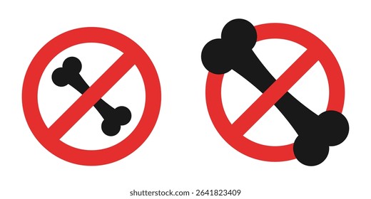 Illustrative rendering of two no-bone sign icons. A red circle with a diagonal line over a bone. Represents a place where bones are prohibited or not allowed.