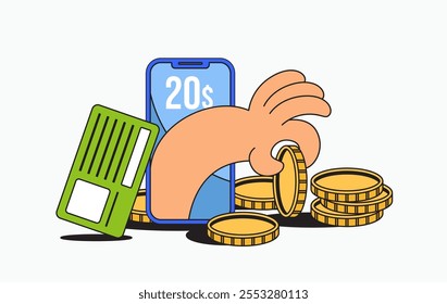 Illustrative Representation of a Digital Payment System Featuring a Hand Reaching for Coins from a Mobile Phone Cartoon Retro Vintage Illustration