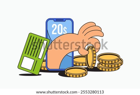 Illustrative Representation of a Digital Payment System Featuring a Hand Reaching for Coins from a Mobile Phone Cartoon Retro Vintage Illustration
