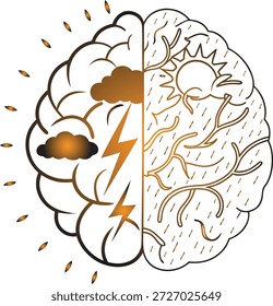 Representação ilustrativa do cérebro humano dividido em dois hemisférios, um representando um céu tempestuoso e nublado com raios e o outro um céu ensolarado com chuva