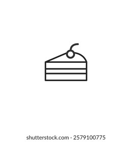 Illustrative representation of a outline slice of cake with purple layers and a cherry topping. Perfect for dessert, food-related design concepts, or culinary themes. Simplistic, and minimalistic.