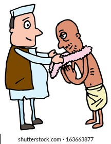 Illustrative representation of a politician offering garland to a man 