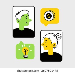 Illustrative representation showcasing financial planning, diverse characters, exchange, and creative concept development with engaging cartoon style.