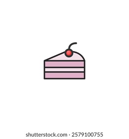 Illustrative representation of a slice of cake with purple layers and a cherry topping. Perfect for dessert, food-related design concepts, or culinary themes. Simplistic, and minimalistic.