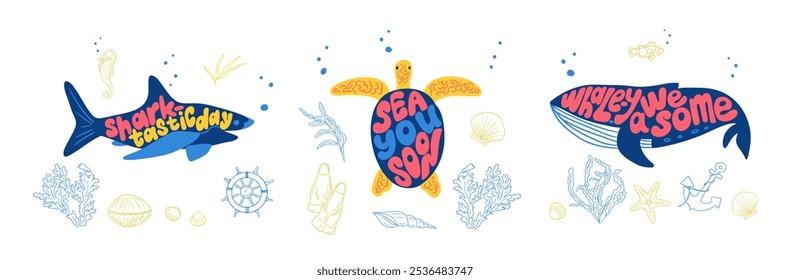 Tipografia ilustrativa da vida no mar com frases como o dia da tástica do tubarão, o mar logo, e a baleia y incrível, cercada por elementos do oceano como algas, conchas e peixes. Palavra jogando conjunto de letras engraçado