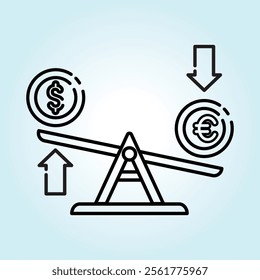 Illustrative seesaw depicting dollar rising and euro falling, symbolizing currency exchange rate fluctuations.