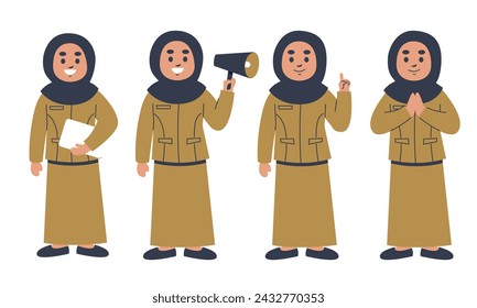 Illustrative series showing a female civil servant in a hijab, depicted in various professional stances such as holding paperwork, using a megaphone, gesturing, and in a welcoming pose