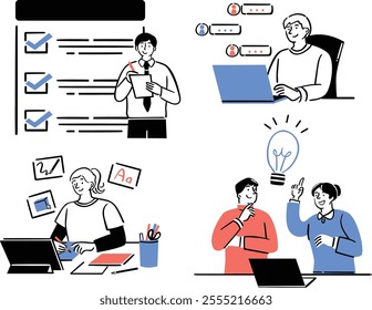 Illustrative set depicting marketing campaign activities, including brainstorming, social media, analytics, and campaign planning with professionals.