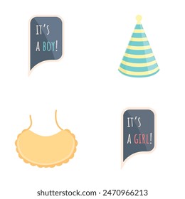 Illustrative set of gender reveal icons, including party hat and announcement speech bubbles