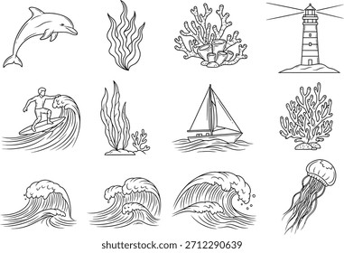 Conjunto ilustrativo de Elementos con temática oceánica que incluyen vida marina, olas y características costeras para varios proyectos de diseño, aislados.