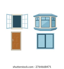 Illustrative set of various window types and a wooden door on a white background.