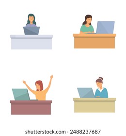 Illustrative set of women at desks displaying different work attitudes and milestones