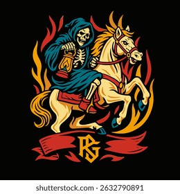 Illustrative skeleton rides horse holding a lantern encircled by stylized flames against a dark backdrop for unique graphic designs.