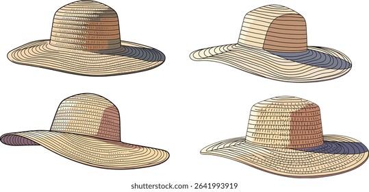 Illustrative straw hats, perfect for summer fashion, beachwear, and sun protection
