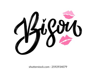 Illustrative text blending calligraphy and romantic symbolism through Bisou word art paired with a pink kiss icon, creating a chic, feminine design perfect for love, beauty, and fashion themes. 